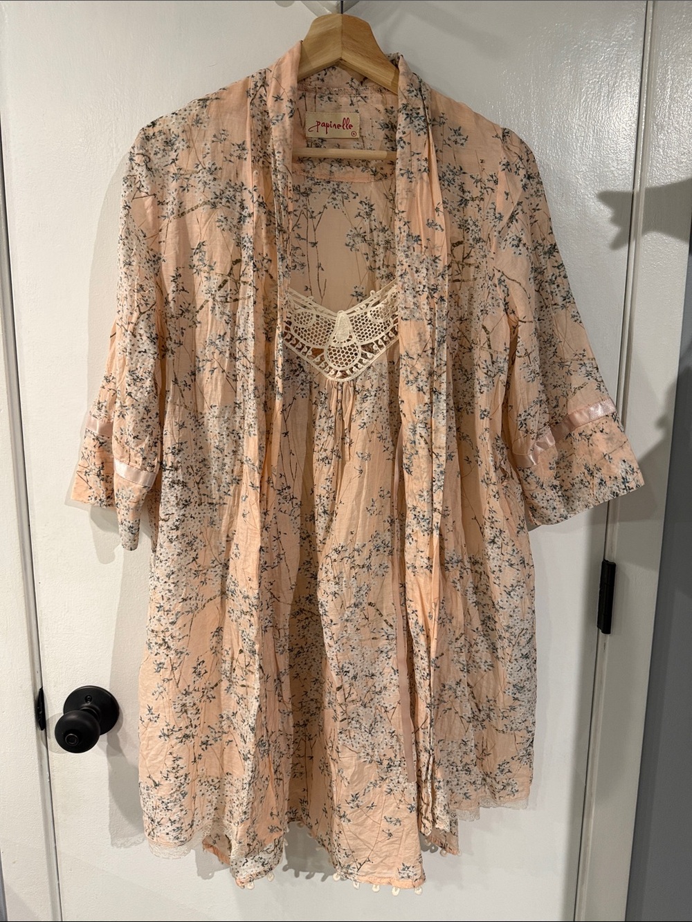 Papinelle Pink Silk and Cotton Floral Boho Nightgown and Robe